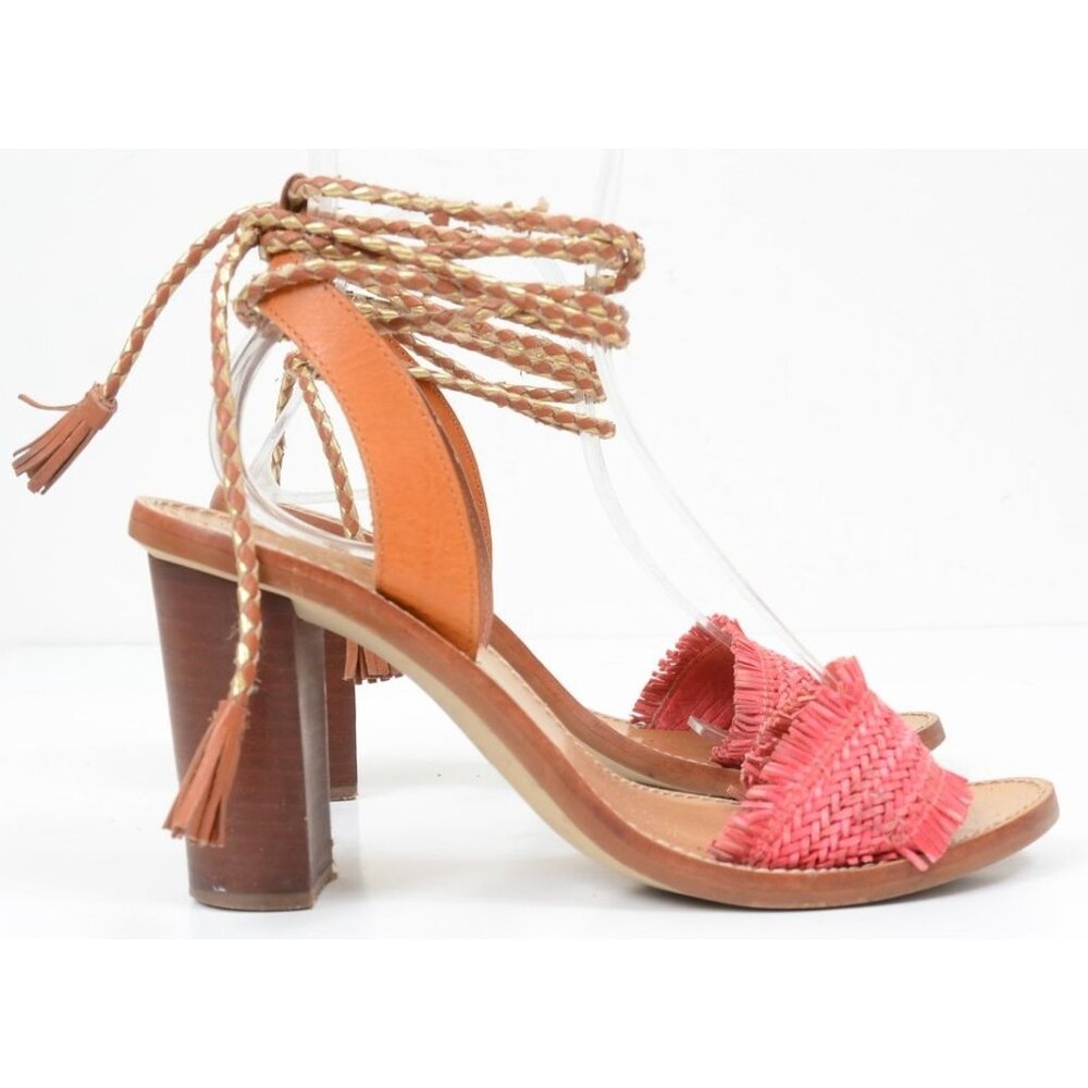 J. Crew Raffia Coral Straw Ankle-Tie High Heel Sandals Straps w/Tassels Women 8